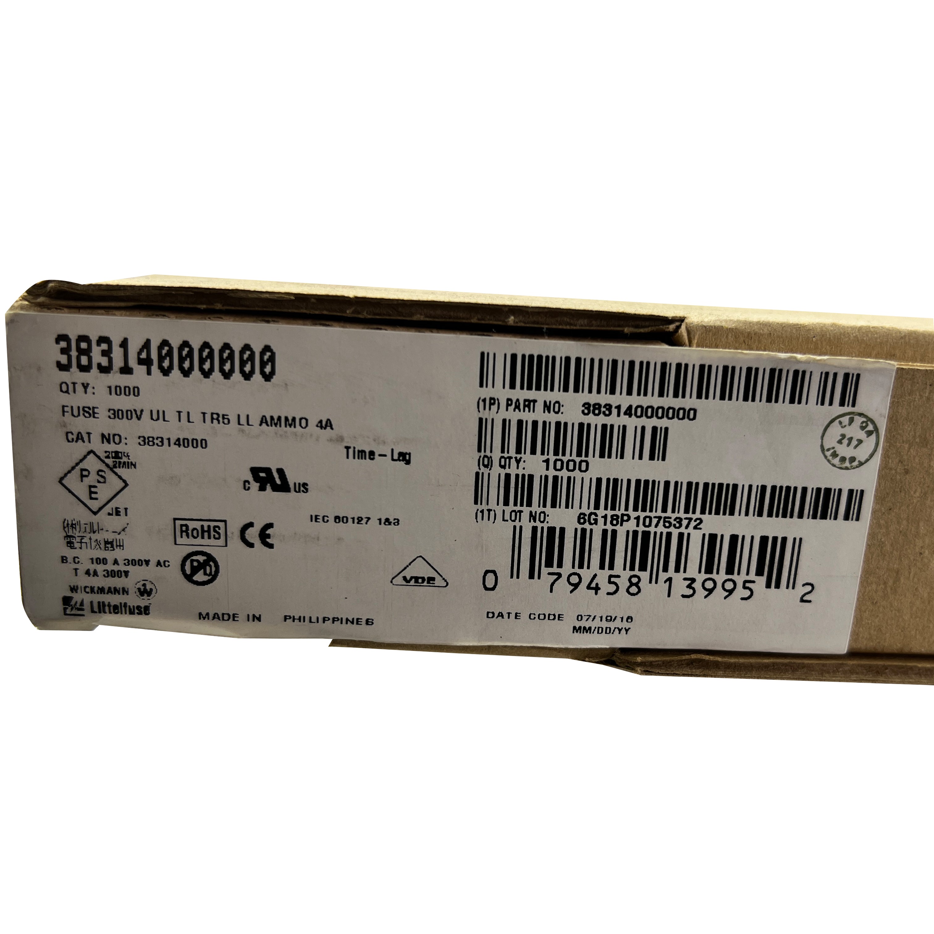 Fusível Subminiatura Littelfuse 38314000000 4A 300V SB - Lote 1.000 Pcs